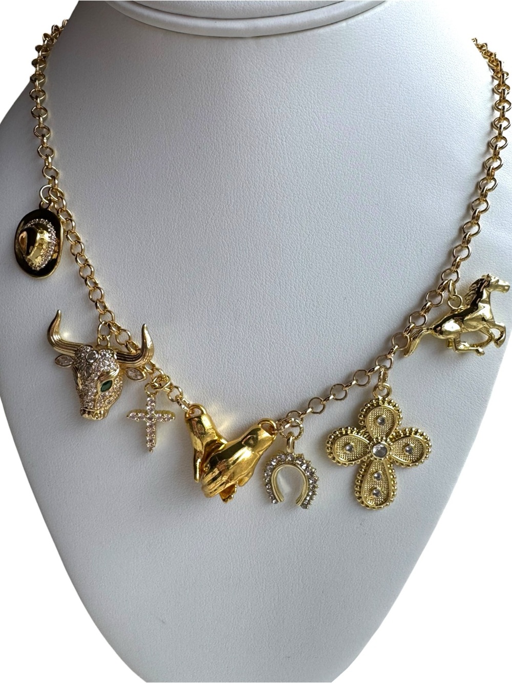 Gold-Tone Charm Necklace with Cross, Horseshoe & Animal Motif - Women Jewelry - Picture 3 of 5